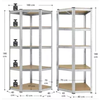 Nagy teherbírású csavarmentes sarokpolc 77x77x40x40x42x180 cm – Ezüst