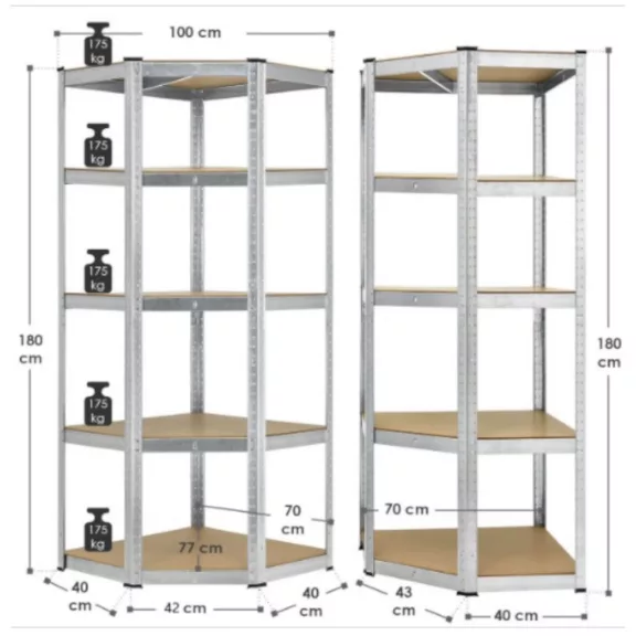 Nagy teherbírású csavarmentes sarokpolc 77x77x40x40x42x180 cm – Ezüst