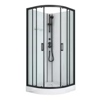 DALLAS hidromasszázs zuhanykabin, fekete kerettel, termosztátos keverőcsappal – 90 x 90 x 210 cm – Fehér hátfallal
