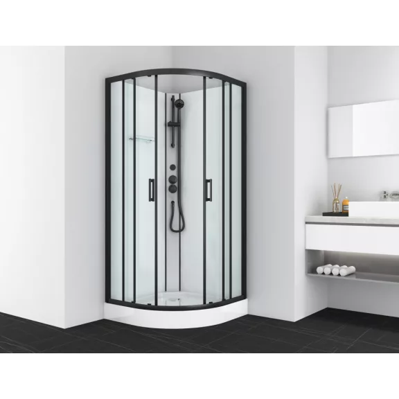 DALLAS hidromasszázs zuhanykabin, fekete kerettel, termosztátos keverőcsappal – 90 x 90 x 210 cm – Fehér hátfallal