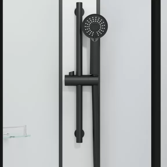 DALLAS hidromasszázs zuhanykabin, fekete kerettel, termosztátos keverőcsappal – 90 x 90 x 210 cm – Fehér hátfallal