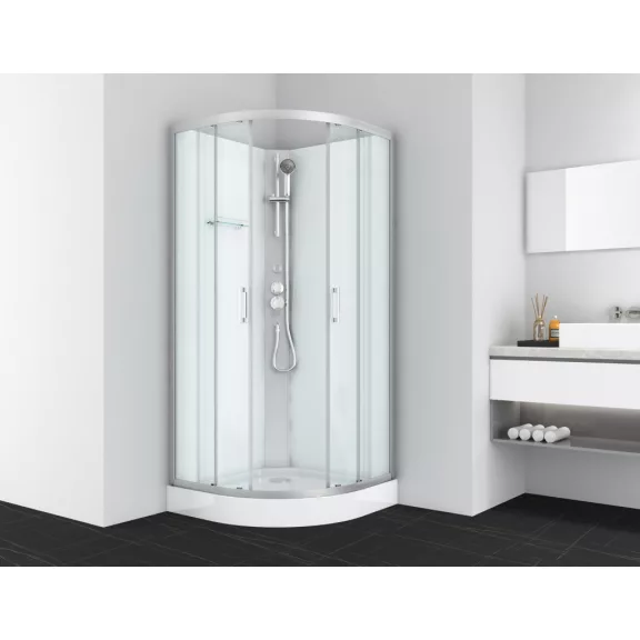 DALLAS hidromasszázs zuhanykabin, króm, termosztátos keverőcsappal – 90 x 90 x 210 cm – Fehér hátfallal