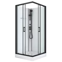 DENVER hidromasszázs zuhanykabin, fekete kerettel, termosztátos keverőcsappal – 90 x 90 x 210 cm – Fehér hátfallal