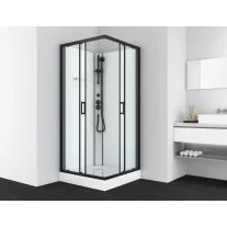 DENVER hidromasszázs zuhanykabin, fekete kerettel, termosztátos keverőcsappal – 90 x 90 x 210 cm – Fehér hátfallal