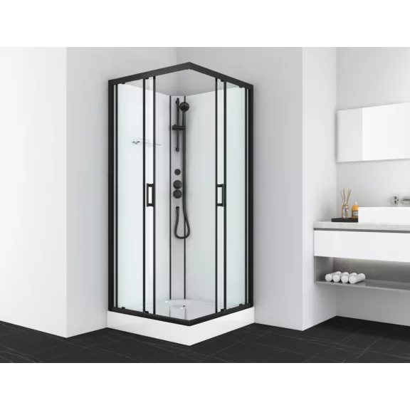 DENVER hidromasszázs zuhanykabin, fekete kerettel, termosztátos keverőcsappal – 90 x 90 x 210 cm – Fehér hátfallal