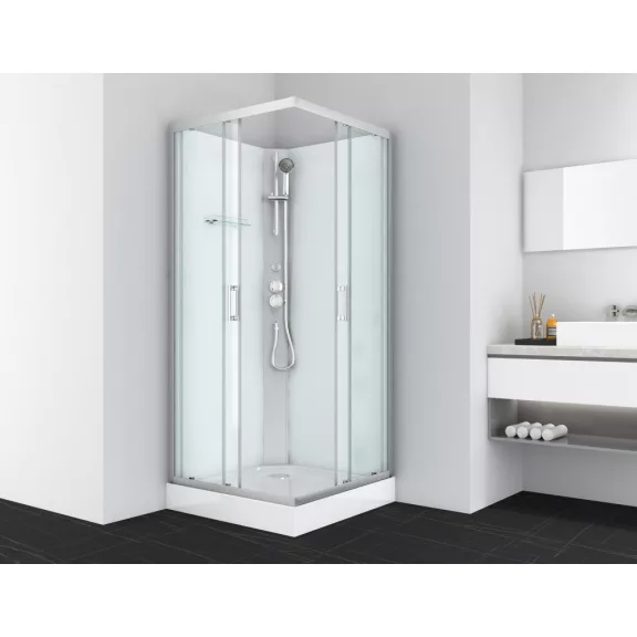 DENVER hidromasszázs zuhanykabin, króm, termosztátos keverőcsappal – 90 x 90 x 210 cm – Fehér hátfallal