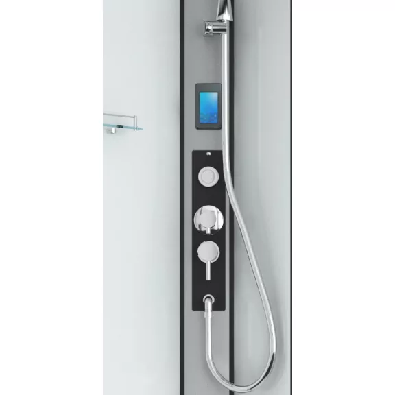 AUSTIN komplett hidromasszázs zuhanykabin elektronikával, fekete kerettel – 90 x 90 x 215 cm – Fehér hátfallal