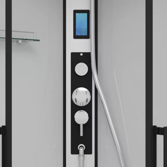 AUSTIN komplett hidromasszázs zuhanykabin elektronikával, fekete kerettel – 90 x 90 x 215 cm – Fehér hátfallal
