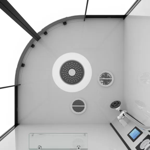 AUSTIN komplett hidromasszázs zuhanykabin elektronikával, fekete kerettel – 90 x 90 x 215 cm – Fehér hátfallal