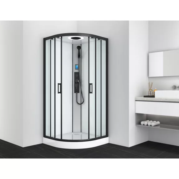 AUSTIN komplett hidromasszázs zuhanykabin elektronikával, fekete kerettel – 90 x 90 x 215 cm – Fehér hátfallal