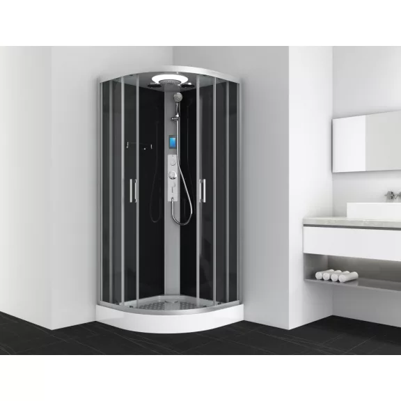 AUSTIN komplett hidromasszázs zuhanykabin elektronikával, króm kerettel – 90 x 90 x 215 cm – Fekete hátfallal