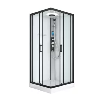 MIAMI komplett hidromasszázs zuhanykabin elektronikával, fekete kerettel – 90 x 90 x 215 cm – Fehér hátfallal