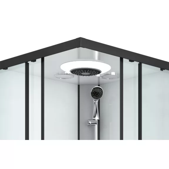 MIAMI komplett hidromasszázs zuhanykabin elektronikával, fekete kerettel – 90 x 90 x 215 cm – Fehér hátfallal