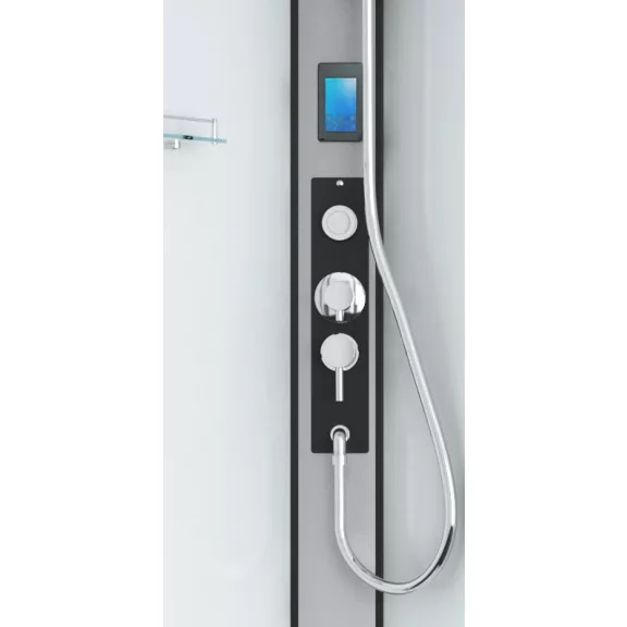 MIAMI komplett hidromasszázs zuhanykabin elektronikával, fekete kerettel – 90 x 90 x 215 cm – Fehér hátfallal