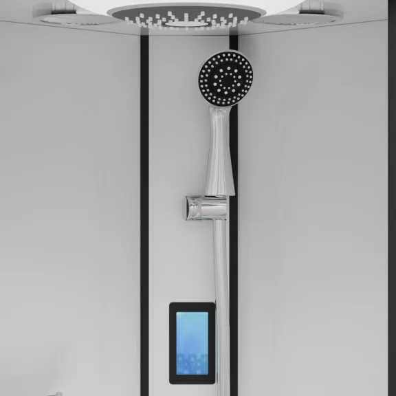 MIAMI komplett hidromasszázs zuhanykabin elektronikával, fekete kerettel – 90 x 90 x 215 cm – Fehér hátfallal