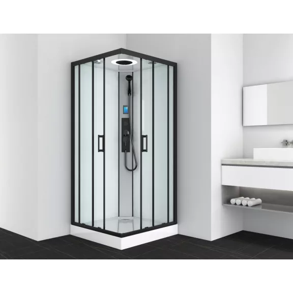 MIAMI komplett hidromasszázs zuhanykabin elektronikával, fekete kerettel – 90 x 90 x 215 cm – Fehér hátfallal