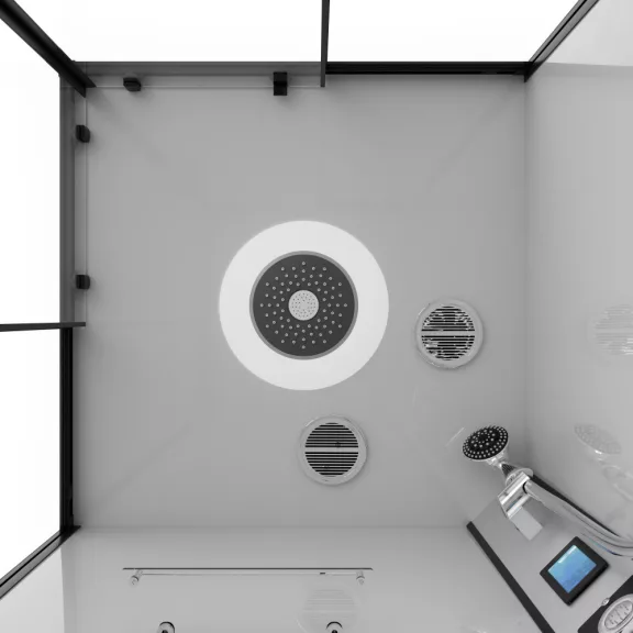 MIAMI komplett hidromasszázs zuhanykabin elektronikával, fekete kerettel – 90 x 90 x 215 cm – Fehér hátfallal
