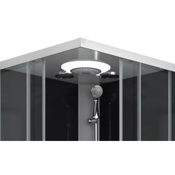 MIAMI komplett hidromasszázs zuhanykabin elektronikával, króm kerettel – 90 x 90 x 215 cm – Fekete hátfallal