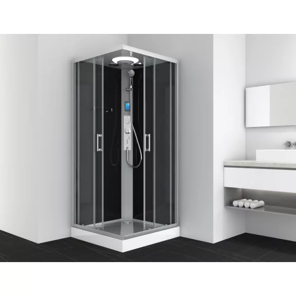 MIAMI komplett hidromasszázs zuhanykabin elektronikával, króm kerettel – 90 x 90 x 215 cm – Fekete hátfallal