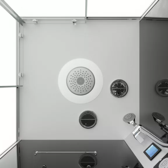 MIAMI komplett hidromasszázs zuhanykabin elektronikával, króm kerettel – 90 x 90 x 215 cm – Fekete hátfallal