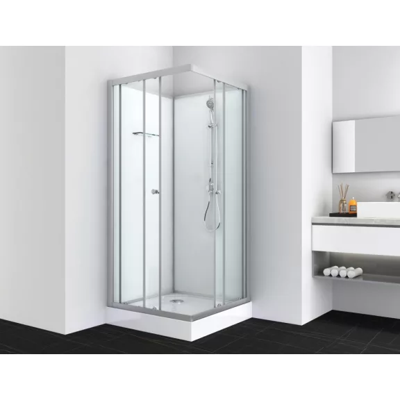 FORTE 2 komplett zuhanykabin, szögletes, ezüst – 90 x 90 x 203 cm – Fehér hátfallal