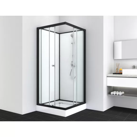 UNI 2 komplett zuhanykabin, szögletes, fekete – 90 x 90 x 203 cm – Fehér hátfallal