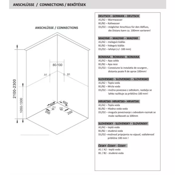 UNI 1 komplett zuhanykabin, szögletes, fekete – 80 x 80 x 203 cm – Fehér hátfallal